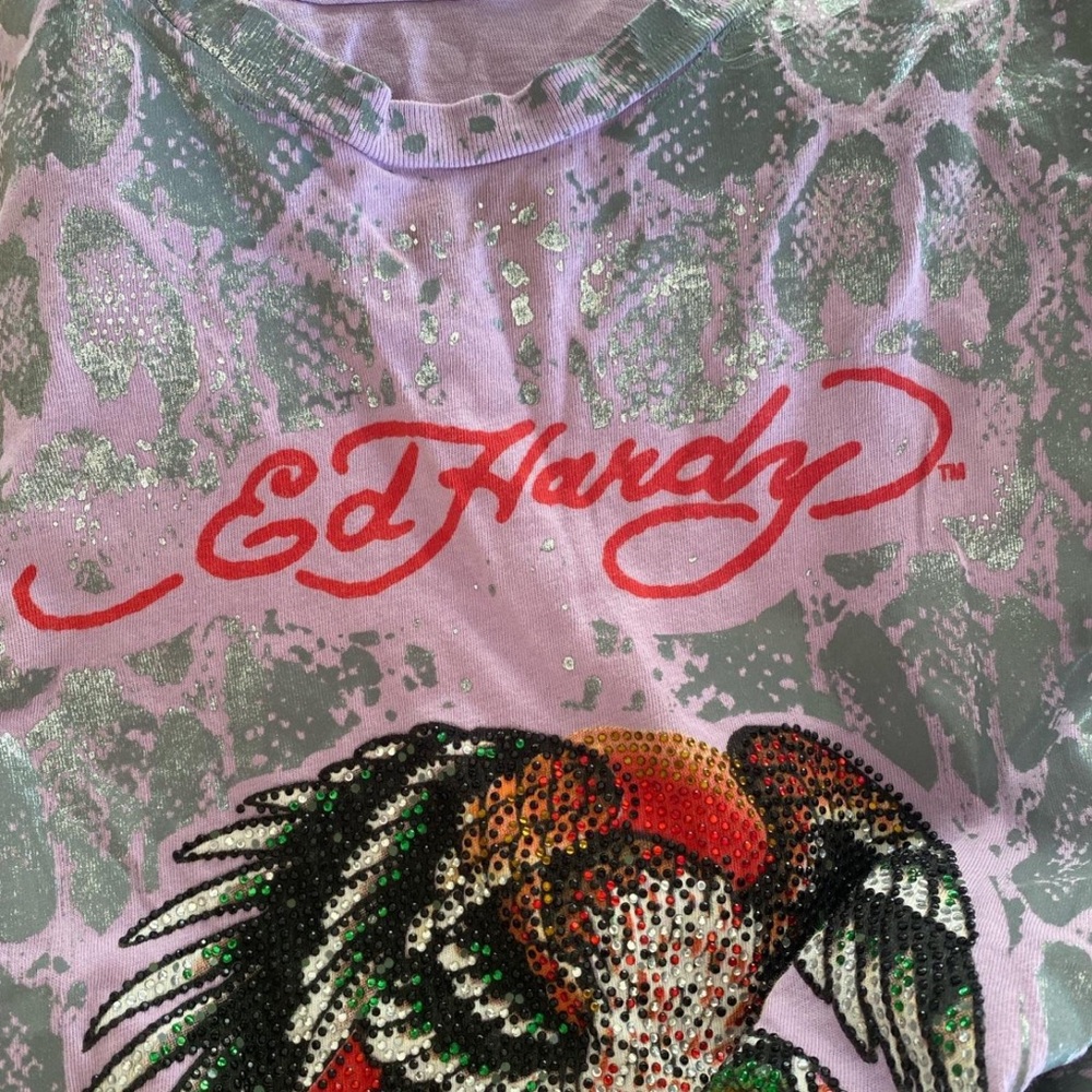 Ed Hardy purple, silver gray, shiny bedazzled snake & skull t shirt